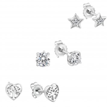 Ohrstecker Set 6 teilig Silber 925 rhodiniert Herz Stern Zirkonia weiß