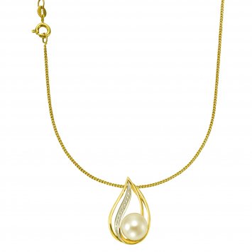 Halskette Gold 585 mit weißer Perle 9,5-10mm und 10 Brillanten zus. 0,04ct.