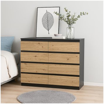 Moderne Kommode mit 8 grifflosen Schubladen Schwarz-Artisaneiche