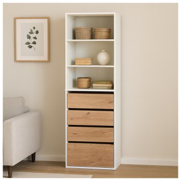 Schrank mit 4 Schubladen und 3 offenen Fächern Weiß/Artisaneiche
