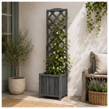 Pflanzkasten mit Rankgitter aus Holz grau Blumenkasten für Terrasse, Balkon und Garten