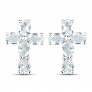Ohrringe Silber 925 rhodiniert Kreuz-Motiv mit echten Aquamarin-Steinen
