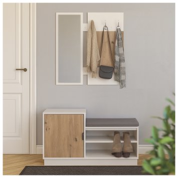 Garderobenpaneel mit Spiegel und Schuhbank Dana Weiß-Artisaneiche