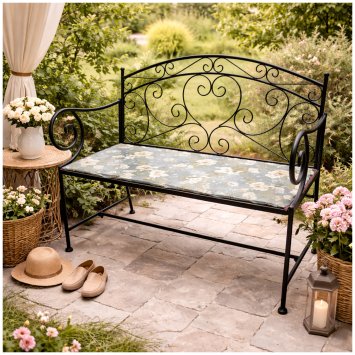 Gartenbank Celia Petunien Metallbank schwarz mit Motiv Sitzfläche 109 cm