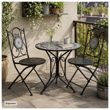 Bistro Sitzgruppe Metall schwarz Tisch mit 2 Stühlen Balkon Set mit Motiv Schiefer