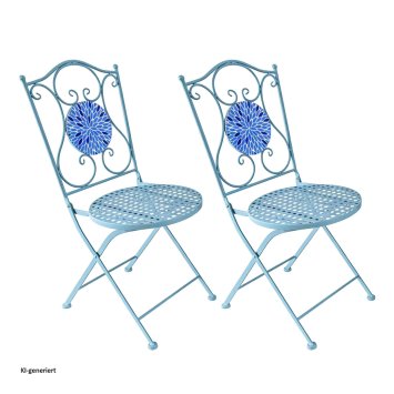 Gartenstuhl 2er-Set Metall Blau mit Blütenmotiv