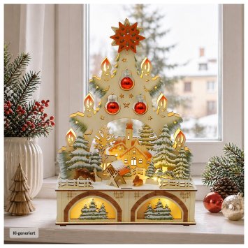 LED Schwibbogen Weihnachtsbaum mit Kugeln und Kirche