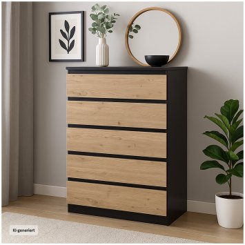 Kommode mit 5 grifflosen Schubladen Schwarz Artisaneiche