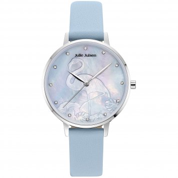 Damenuhr Edelstahl silberfarben Lederband hellblau Flamingo