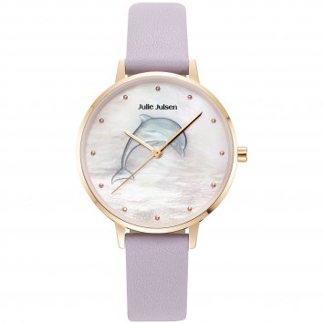 Damenuhr Edelstahl roséfarben Lederband lila Delfin