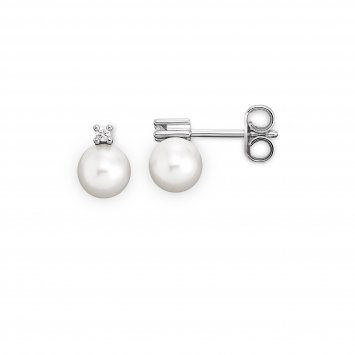 Ohrstecker Gold 585 mit 2 weißen Akoya-Perlen und 2x Brillant zus. 0,04ct.