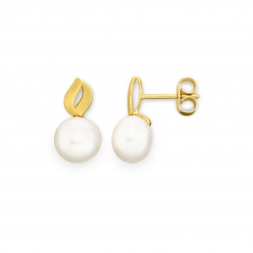 Ohrringe Gold 585 glanz/matt mit 2 weißen Perlen