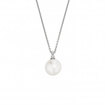 Halskette Gold 585 mit weißer Perle 8mm und 2 Brillanten zus. 0,05ct.