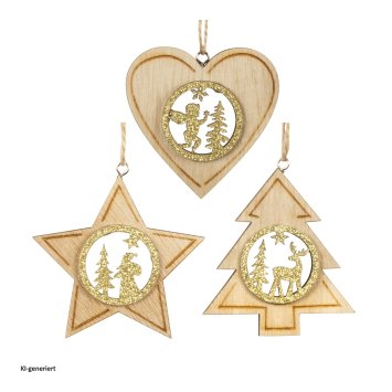 Baumschmuck natur-gold, 3er Set Holz