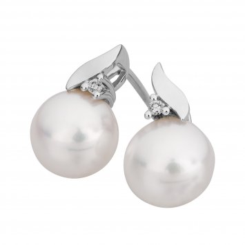 Ohrringe Gold 585 mit 2 weißen Perlen 7,5-8mm und 2 Brillanten zus. 0,02ct.