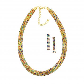 Set Kette Ohrringe Metall 40+6,0cm glanz Glasstein multi