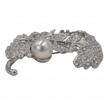 Brosche Metall Feder Glasstein Perle weiß