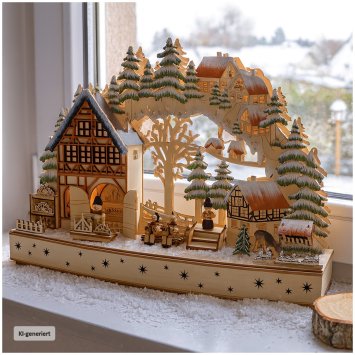 Traditioneller Schwibbogen Holz mit Wintermotiv und Figuren 50 x 30 cm