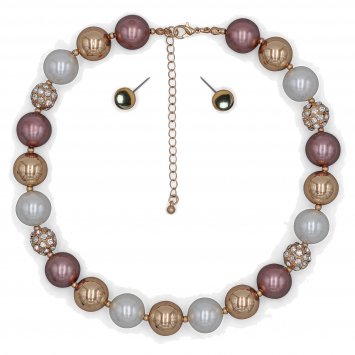 Schmuck-Set Perl-Set aus Halskette und Ohrsteckern aus Metall mit mehrfarbigen Perlen