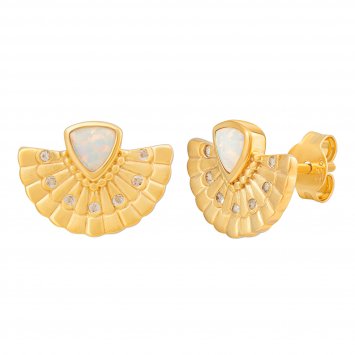 Ohrstecker 925 Silber vergoldet Fächer, Opal & Weißtopas