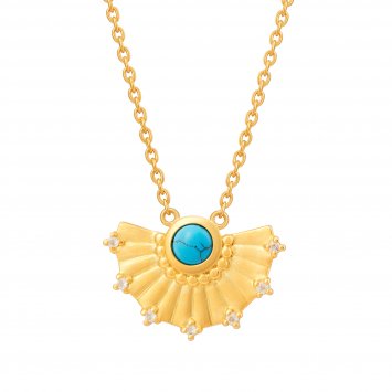 Collier 925 Silber vergoldet Fächer Anhänger mit Türkis & Weißtopas