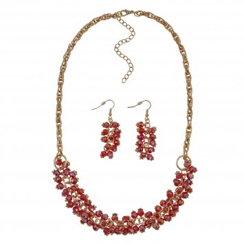 Schmuckset Set aus Collier und Ohrhaken in goldfarben rote Glassteine