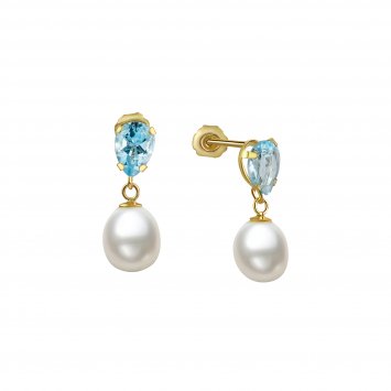 Ohrringe Gold 333 mit weißen Perlen und echtem Topas blau (beh.)