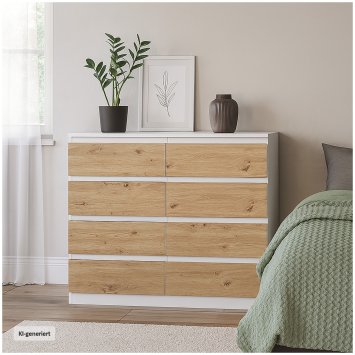 Moderne Kommode mit 8 grifflosen Schubladen Weiß-Artisaneiche