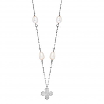 Anhänger mit Kette 925 Silber rhodiniert Kleeblatt und Perlen