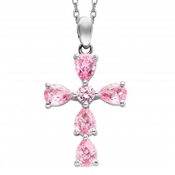 Anhänger mit Kette 925 Silber rhodiniert Kreuz Zirkonia rosa