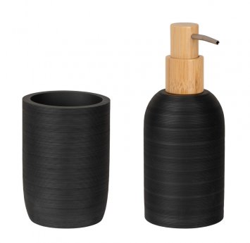 Bad-Accessoire Set Mod. Altavalle, schwarz, Polyresin, Bambus, Ø 18,5 x 8 cm, freistehend, inklusive Zahnputzbecher