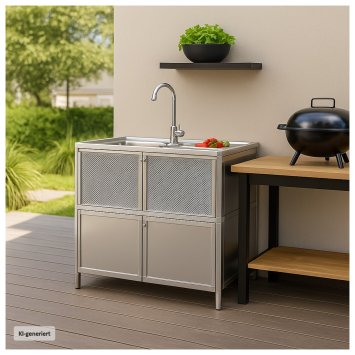 Spüle mit Abtropfläche und Unterschrank für Outdoorküche Silber