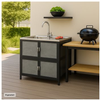 Spüle mit Abtropfläche und Unterschrank für Outdoorküche Grau