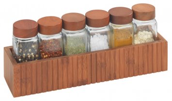 Gewürzregal Mod. Mera mit Gewürzstreuer Mod. Anni, aus geräuchertem Bambus