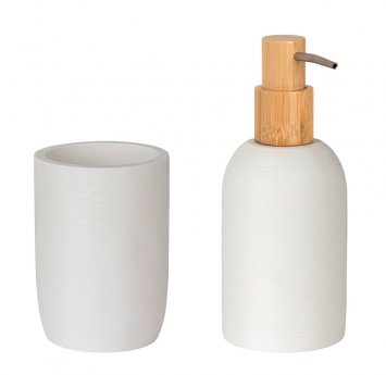 Seifenspender Mod. Altavalle, weiß, polyresin, bambus, 0.25l, 2tlg, bambusakzente, umweltfreundlich