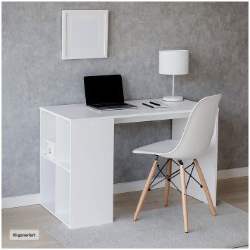 Schreibtisch in Weiß mit seitlichen Ablagefächern kompakter Bürotisch für Homeoffice und Büro