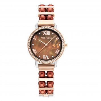 Damenuhr Edelstahl bicolor mit synth. Perlen braun