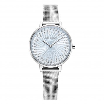 Damenuhr Edelstahl silberfarben Ziffernblatt hellblau Zirkonia