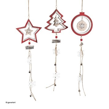 Holzanhänger 3er Set Stern, Weihnachtsbaum, Weihnachtskugel