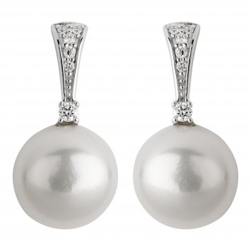 Ohrringe Gold 585 mit 2 weißen Perlen und 12 Brillanten zus. 0,07ct.