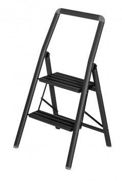 Alu-Klapptrittleiter Compact 2-stufig Schwarz, leichte & rutschfeste Haushaltsleiter, Sicherheits-Stehleiter