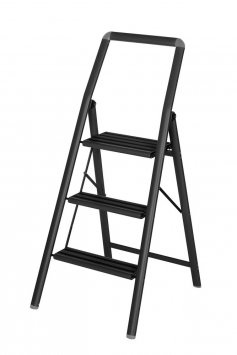 Alu-Klapptrittleiter Compact 3-stufig Schwarz, leichte & rutschfeste Haushaltsleiter, Sicherheits-Stehleiter