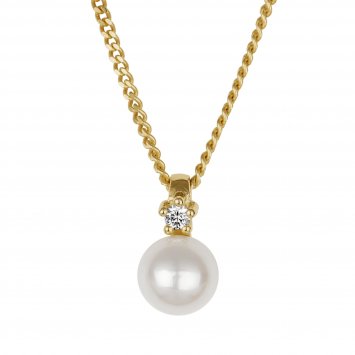 Halskette Gold 585 mit weißer Perle 5,5-6mm und Brillant 0,03ct.