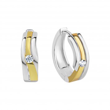 Ohrringe Silber 925 zweifarbig 16mm Durchmesser mit weißen Zirkonia-Steinen