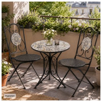 Bistro Sitzgruppe Metall schwarz Tisch mit 2 Stühlen Balkon Set mit Motiv Algier