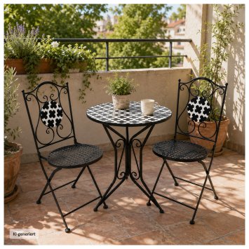 Bistro Sitzgruppe Metall schwarz Tisch mit 2 Stühlen Balkon Set mit Motiv Black and White