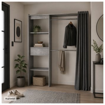 Offene Garderobe mit Vorhang Betonoptik