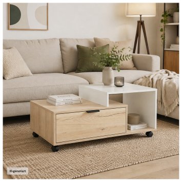 Couchtisch Cedrik auf Rollen mit Schublade Artisaneiche-Weiß