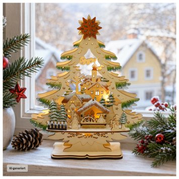 LED Schwibbogen Weihnachtsbaum mit verschneitem Winterdorf