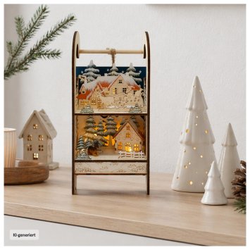 Weihnachtsdeko Holzschlitten mit LED